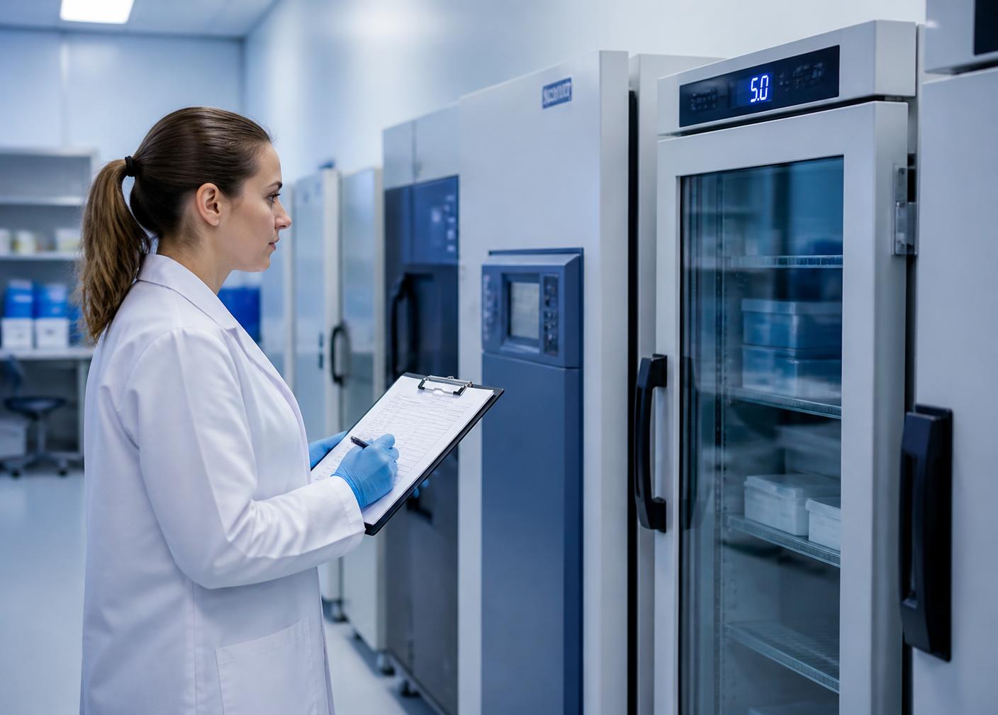 Especialista registrando el estado de equipos de frío y cámaras de laboratorio