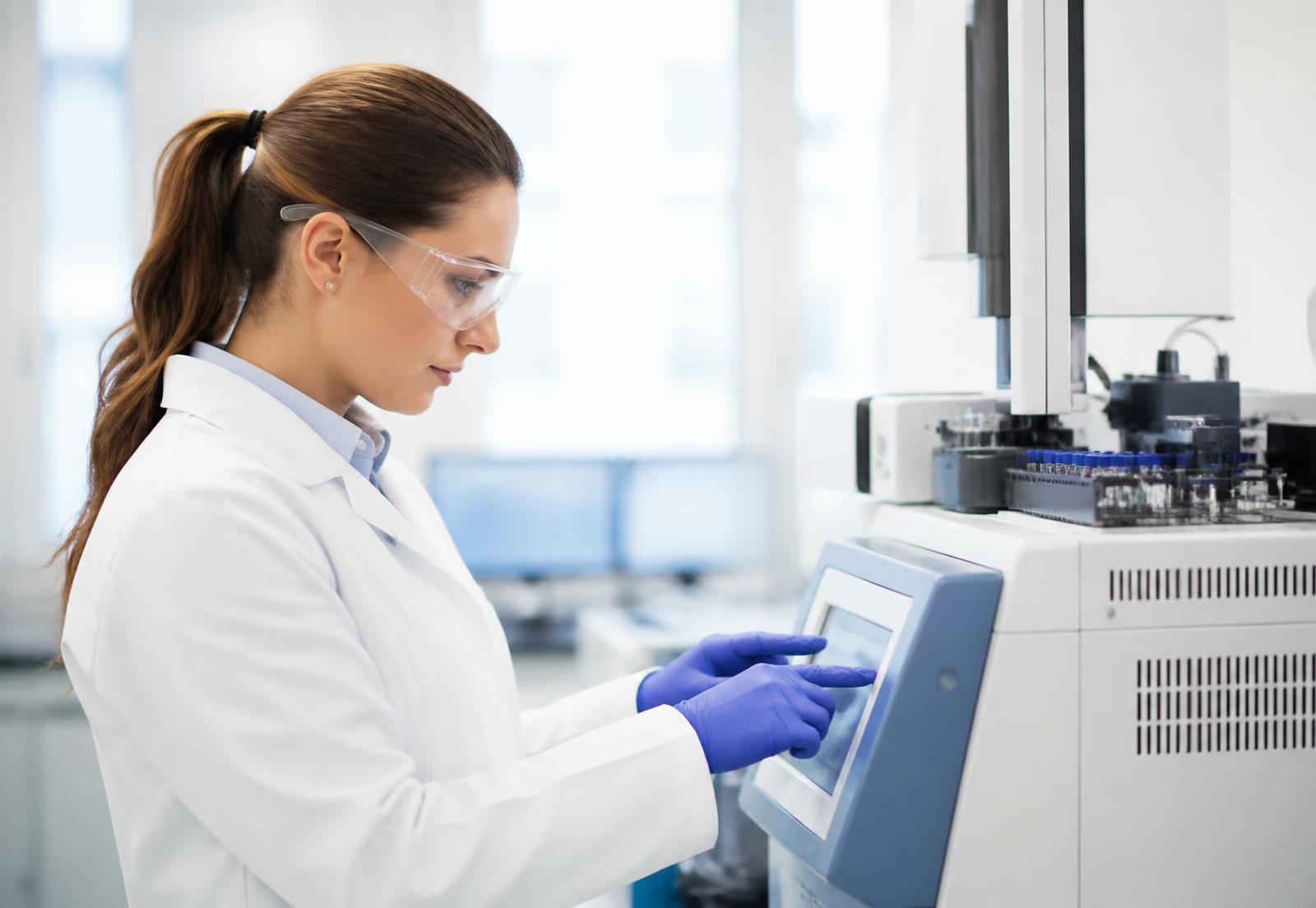Especialista de laboratorio operando un equipo analítico en un laboratorio moderno